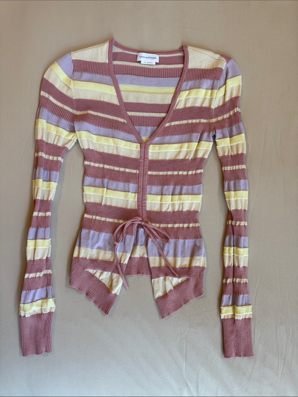 Lovers + Friends Striped V-Neck Cardigan — Rose, Lavender & Pale Yellow